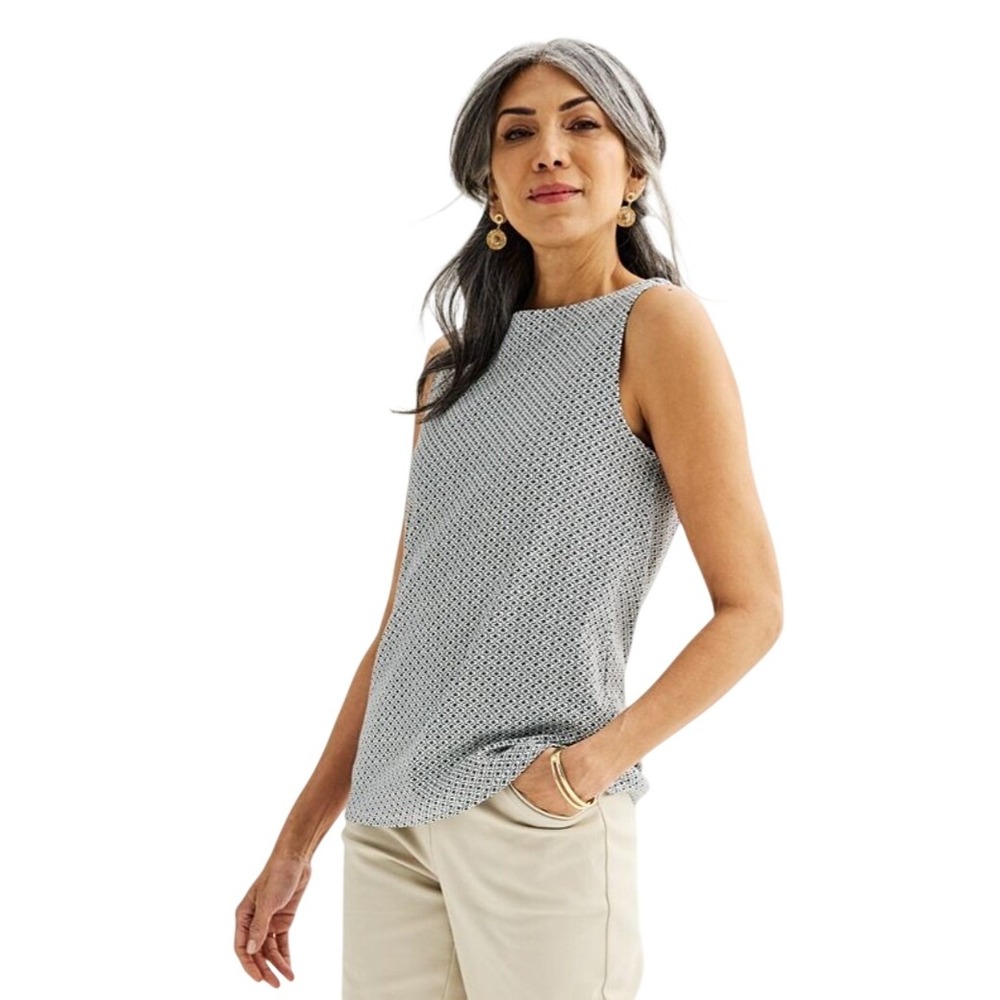 Croft & Barrow Womens Classic Tank Top Black White Geometric Cotton Size M NWT